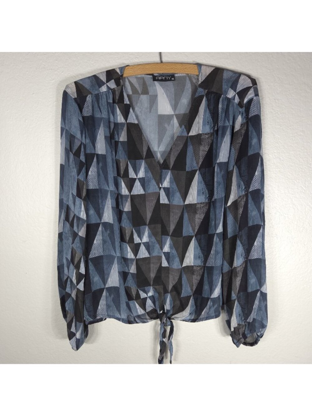APNY Geometric Dusty Blue Cupro Blend Tunic Shirt Top XL Tie Front Long Sleeves